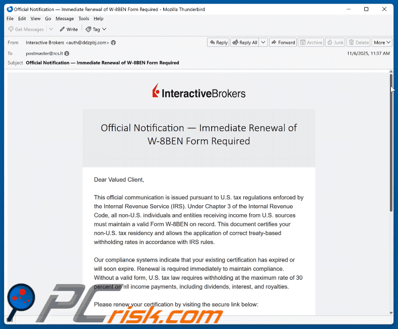 Interactive Brokers - Renewal of W-8BEN Form Required aparência de e-mail fraudulento (GIF)