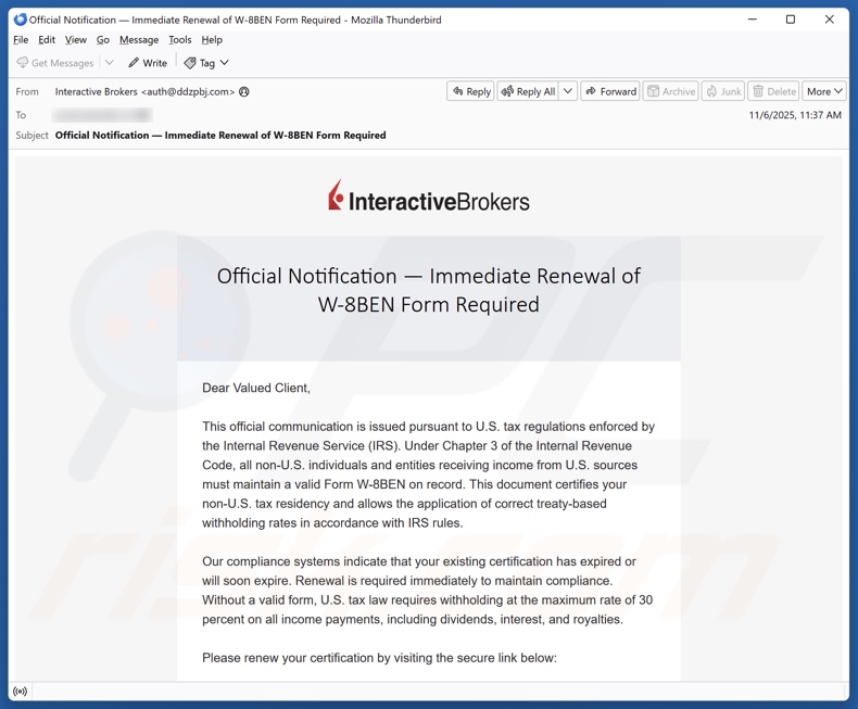 Interactive Brokers - Renewal of W-8BEN Form Required campanha de spam por e-mail