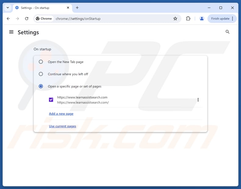 Removendo learnassistsearch.com da página inicial do Google Chrome