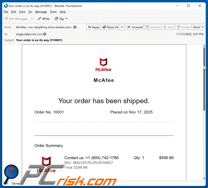 McAfee - Your Order Has Been Shipped aparência de e-mail fraudulento (GIF)