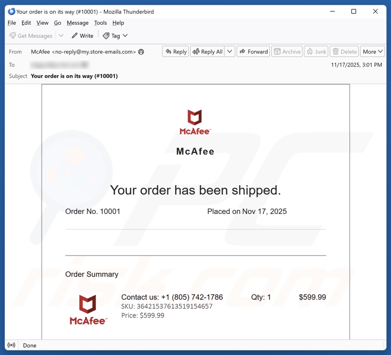 McAfee - Your Order Has Been Shipped campanha de spam por e-mail