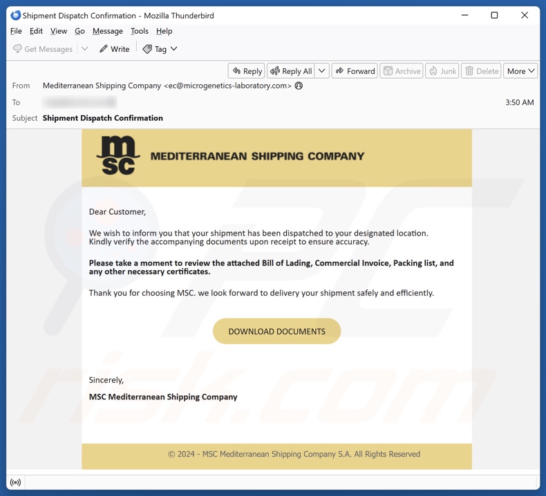 Mediterranean Shipping Company campanha de spam por e-mail