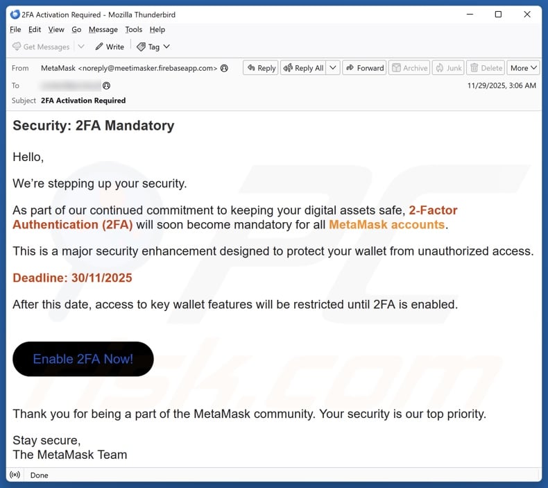 MetaMask 2FA Activation campanha de spam por e-mail