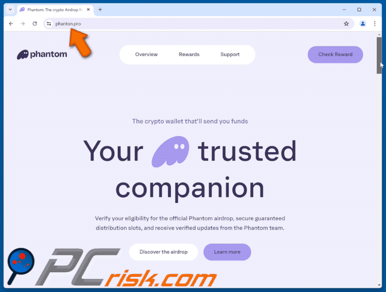 Aparência do falso Phantom Airdrop website (GIF)
