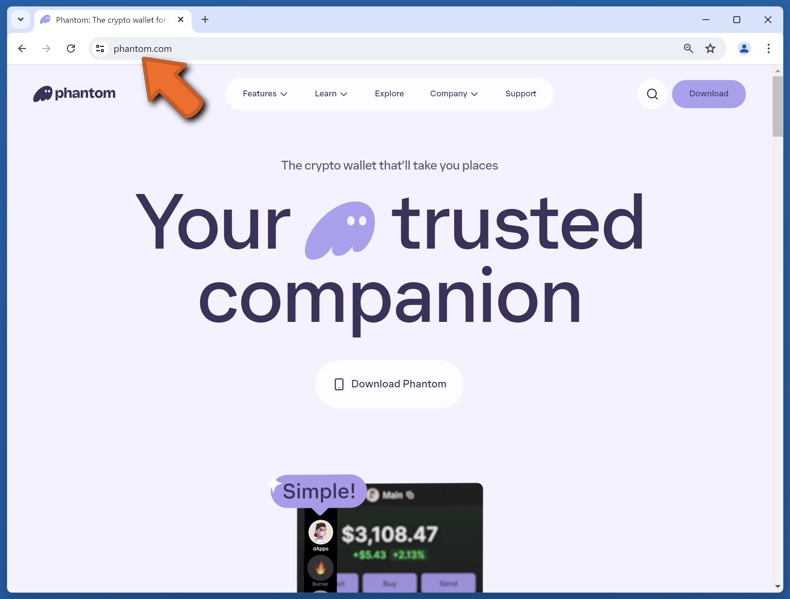Aparência do verdadeiro Phantom website (phantom.com)