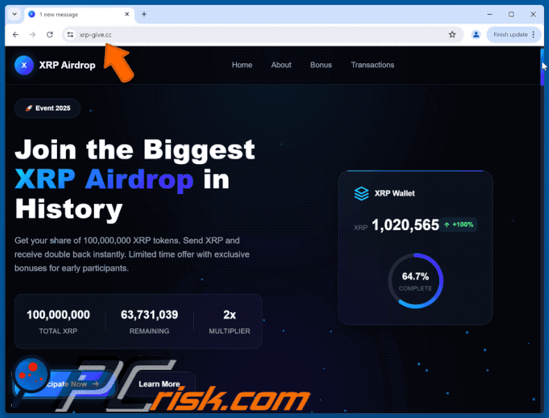 Aparecimento do site falso do Ripple (XRP) Airdrop (GIF)