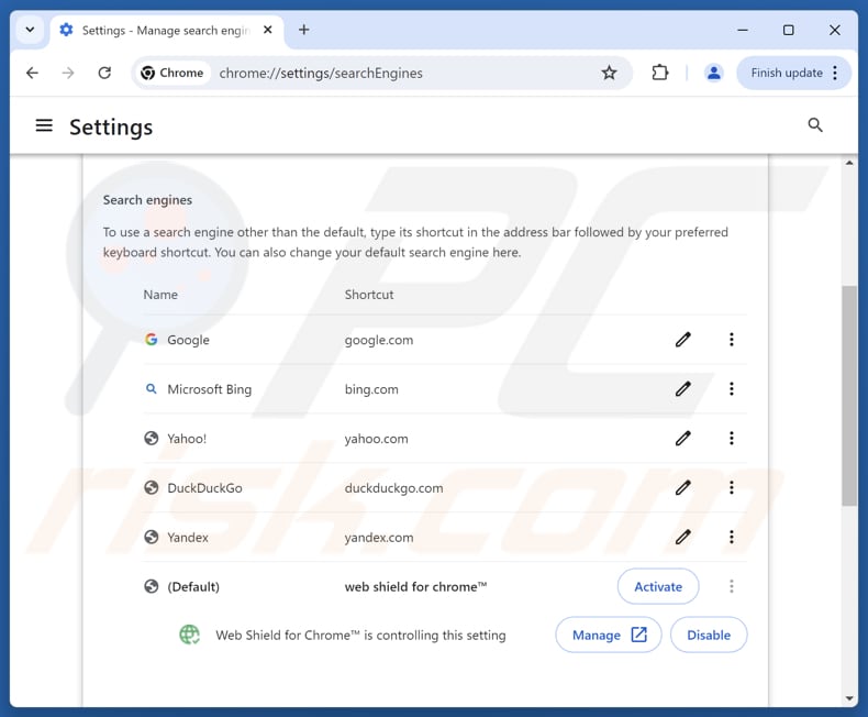 Removendo service.webshieldhub.com do motor de pesquisa padrão do Google Chrome