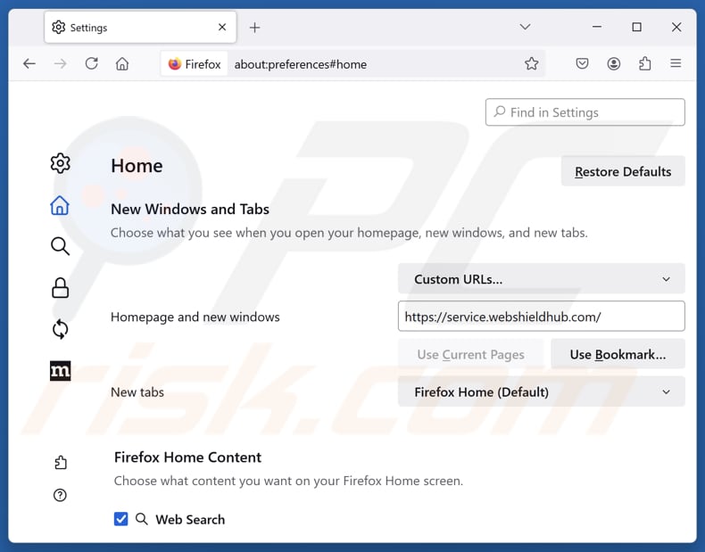 Removendo service.webshieldhub.com da página inicial do Mozilla Firefox