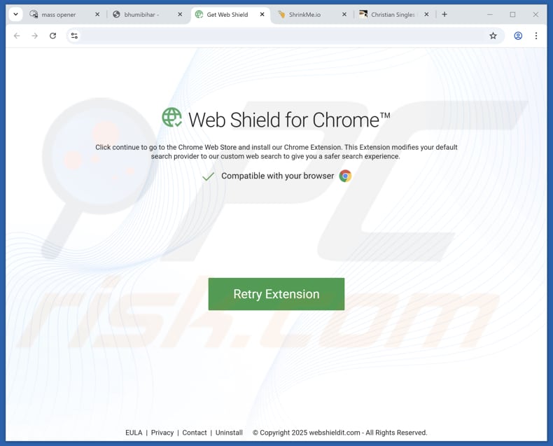 Site usado para promover o Web Shield para o sequestrador de navegador Chrome