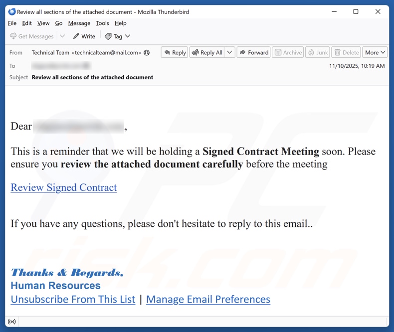 Signed Contract Meeting campanha de spam por e-mail