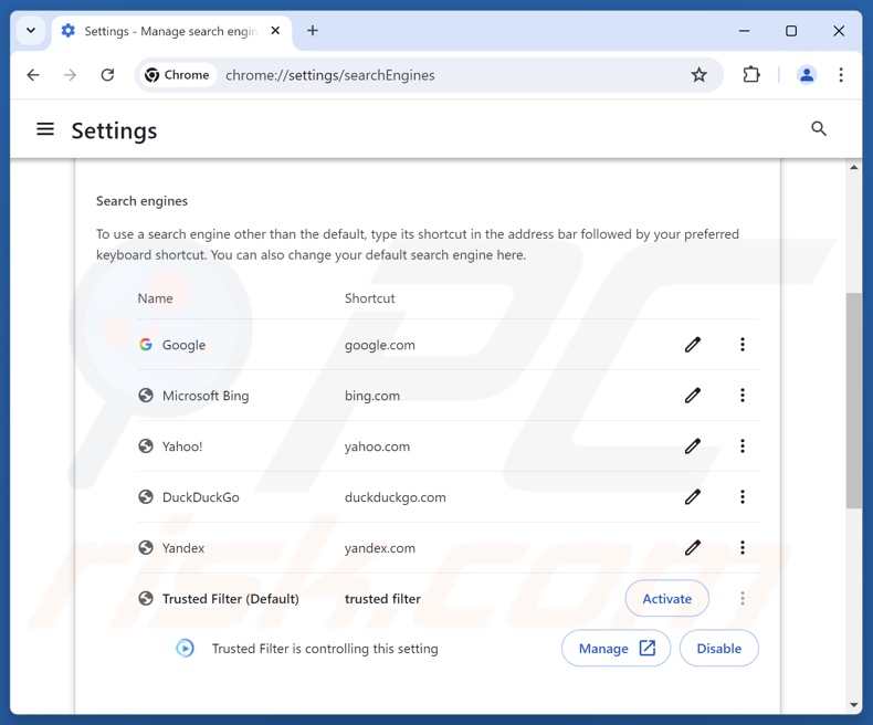 Removendo trustedfiltersearch.com do motor de pesquisa padrão do Google Chrome