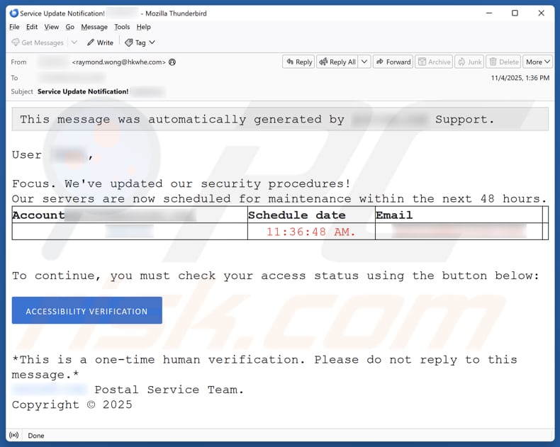 Email Account Failure Notice campanha de spam por e-mail