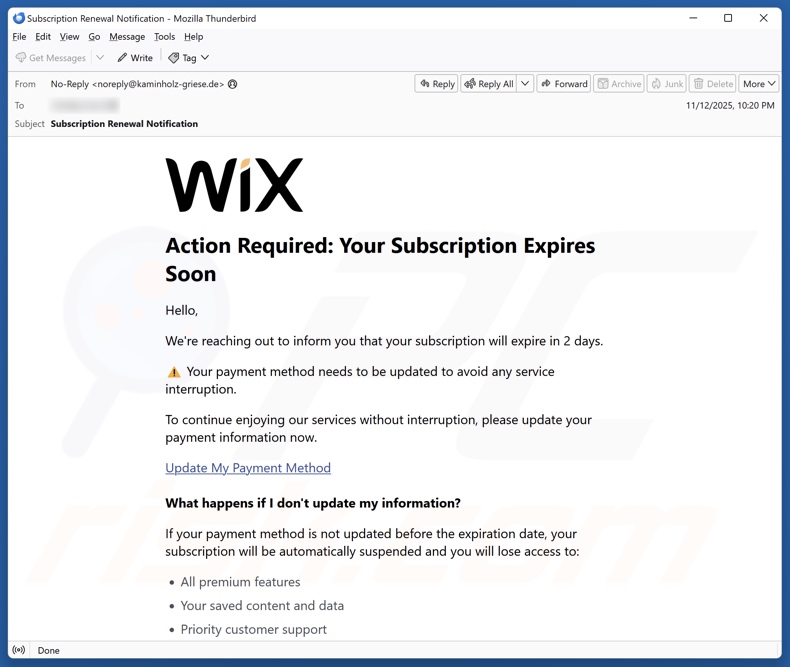 Wix Subscription Expiration campanha de spam por e-mail