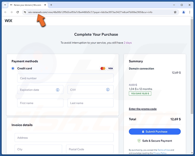 Wix Subscription Expiration e-mail fraudulento promovendo site de phishing