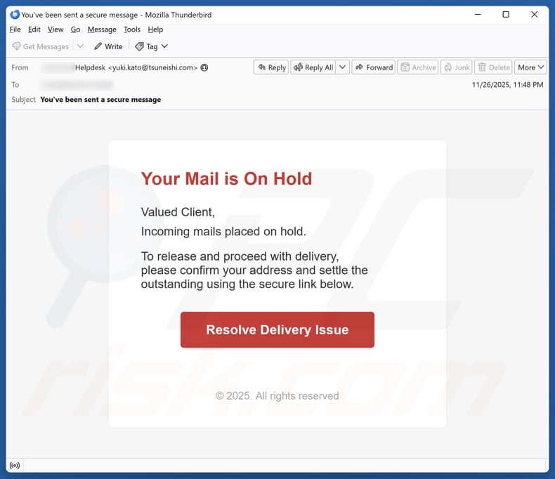 Your Mail Is On Hold campanha de spam por e-mail