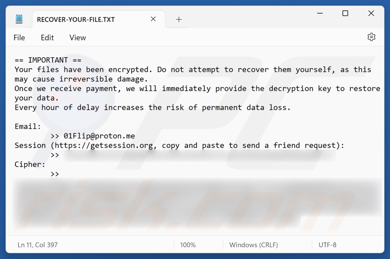 01Flip ransomware nota de resgate (RECOVER-YOUR-FILE.TXT)