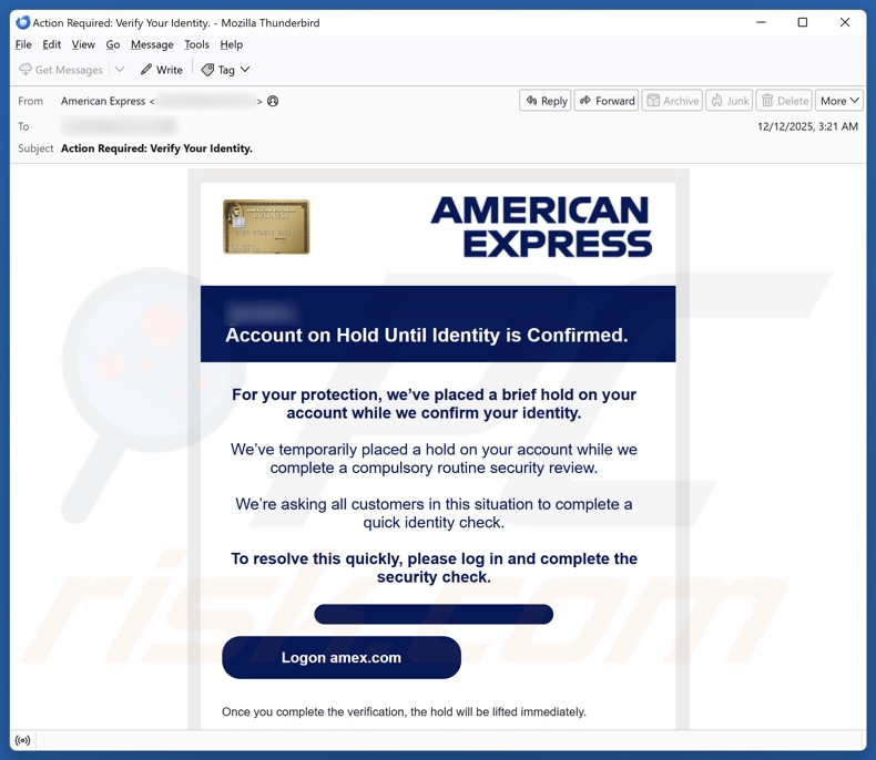 American Express - Account On Hold campanha de spam por e-mail
