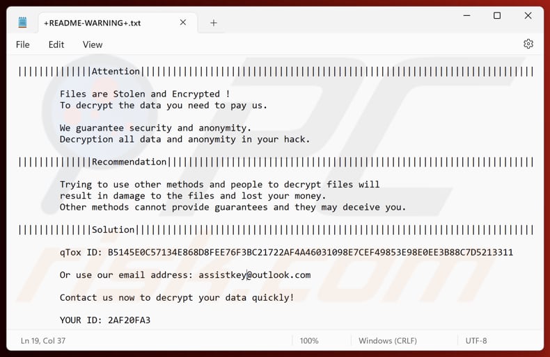 Arquivo de texto do ransomware Asyl (+README-WARNING+.txt)