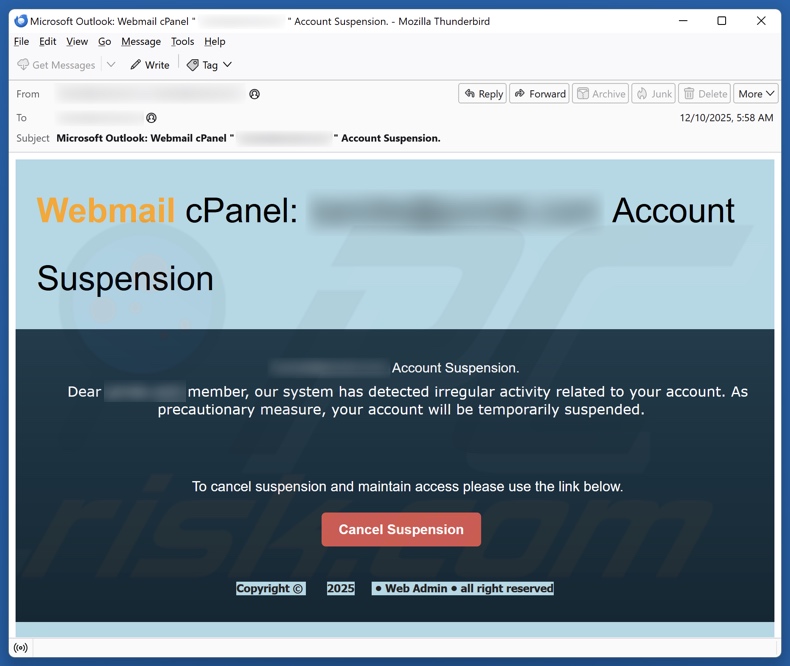 cPanel Account Suspension campanha de spam por e-mail