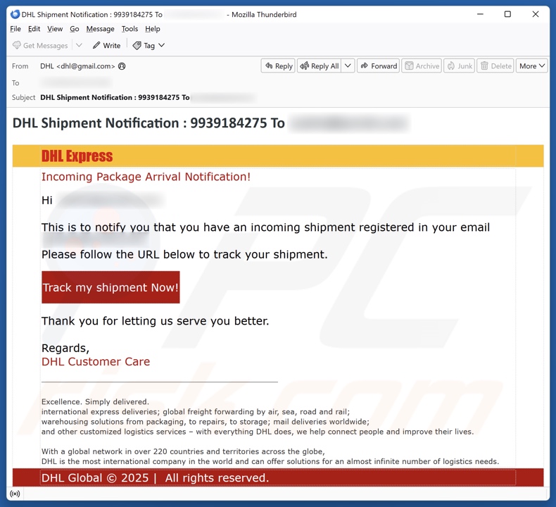 DHL Express - Incoming Package Arrival Notification campanha de spam por e-mail