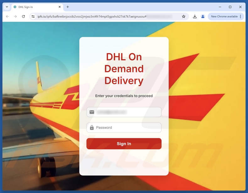 DHL Express - Incoming Package Arrival Notification e-mail fraudulento promovendo site de phishing
