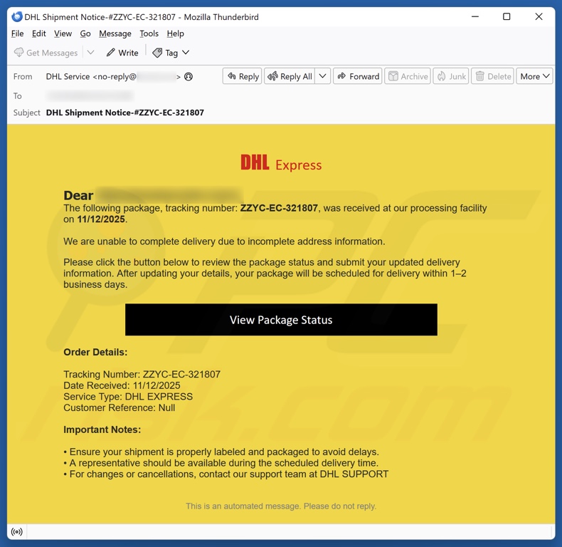 DHL Express - Incomplete Address Information campanha de spam por e-mail