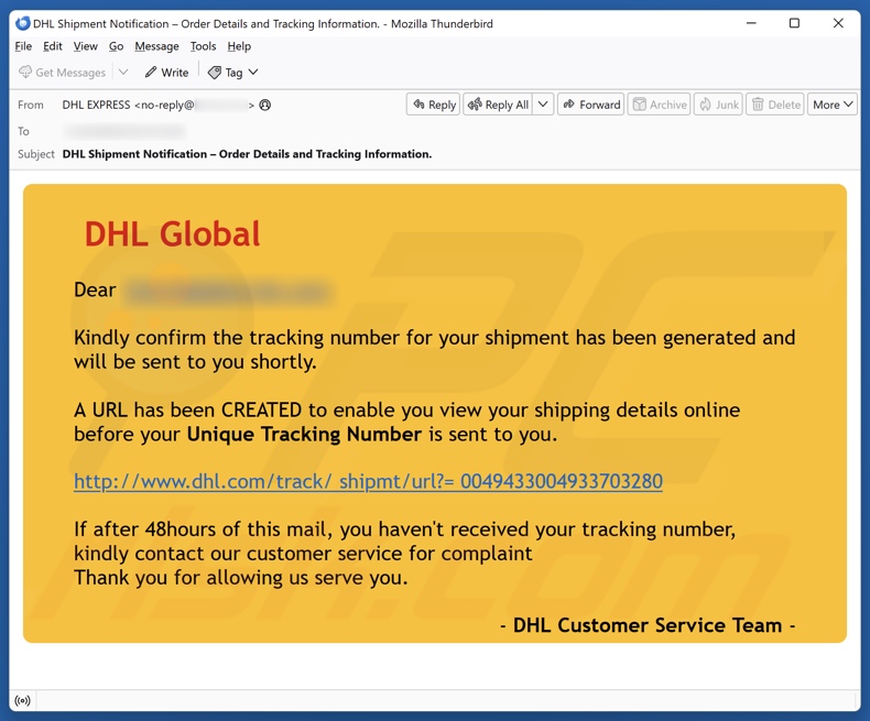 DHL Global - Shipment Tracking Number campanha de spam por e-mail