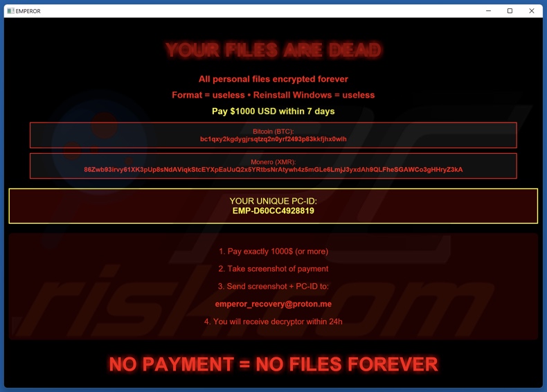 Emperor ransomware nota de resgate (pop-up)