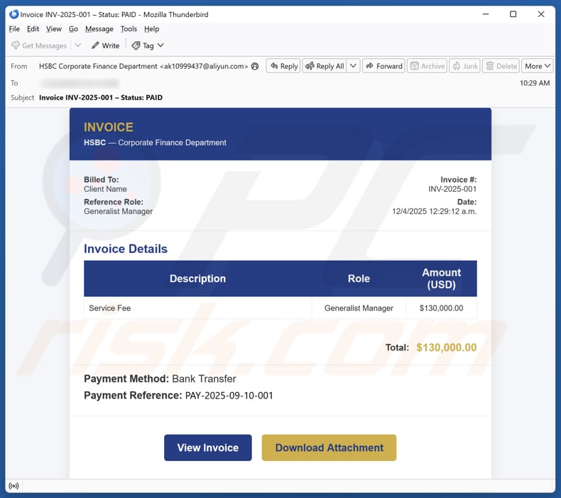 HSBC - Invoice Details campanha de spam por e-mail