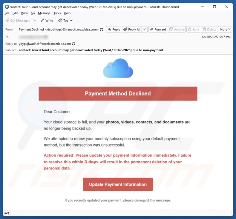 iCloud Payment Method Declined campanha de spam por e-mail