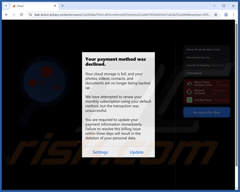 iCloud Payment Method Declined e-mail fraudulento promovendo site de phishing