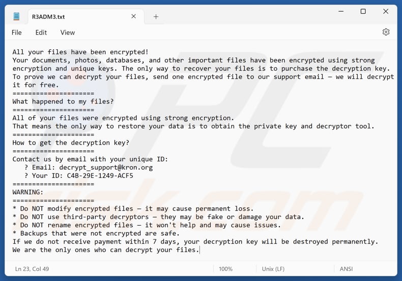 Kron ransomware ficheiro de texto (R3ADM3.txt)