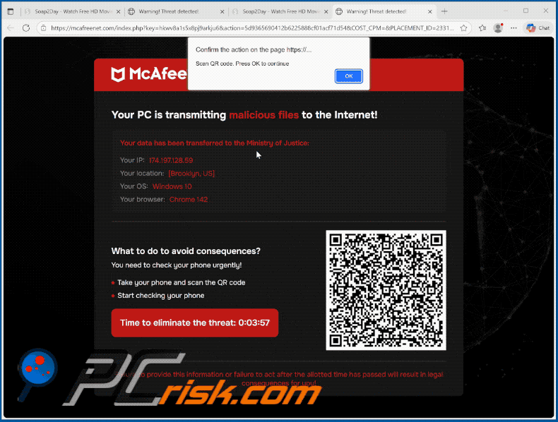 Aparência do McAfee - O seu PC está a transmitir ficheiros maliciosos
