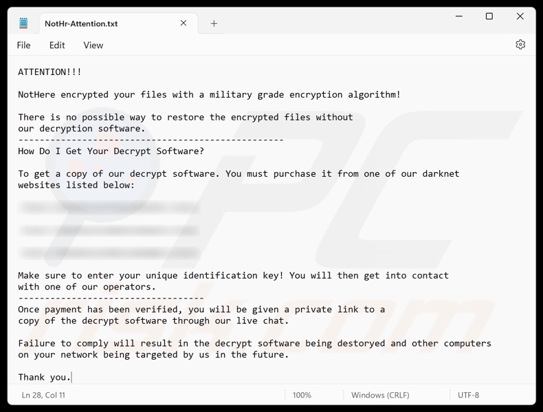 NotHere ransomware nota de resgate (NotHr-Attention.txt)