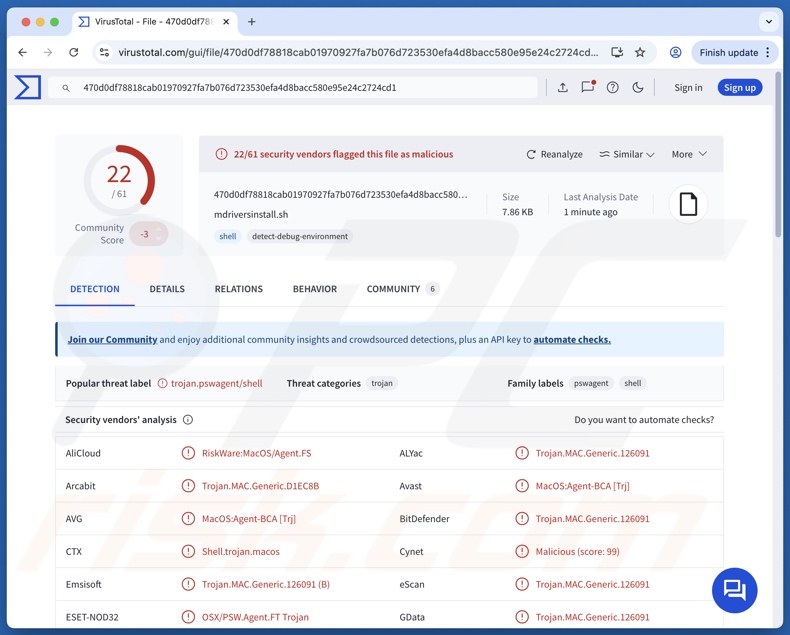 NovaStealer malware detecções no VirusTotal