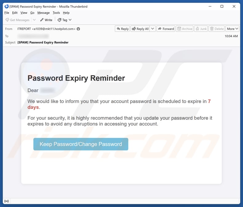 Password Expiry Reminder campanha de spam por e-mail