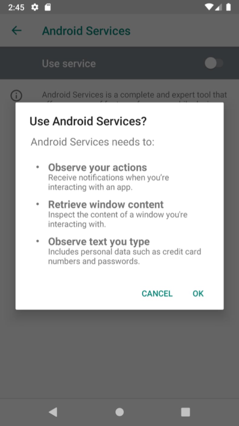 ResidentBat Spyware a solicitar permissões