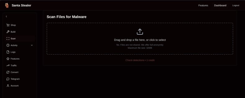 Painel de administração do malware SantaStealer