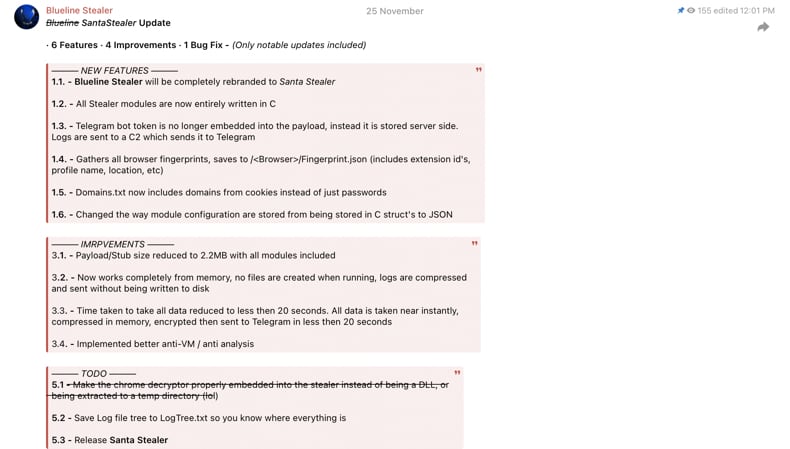 Malware SantaStealer promovendo mensagem no Telegram