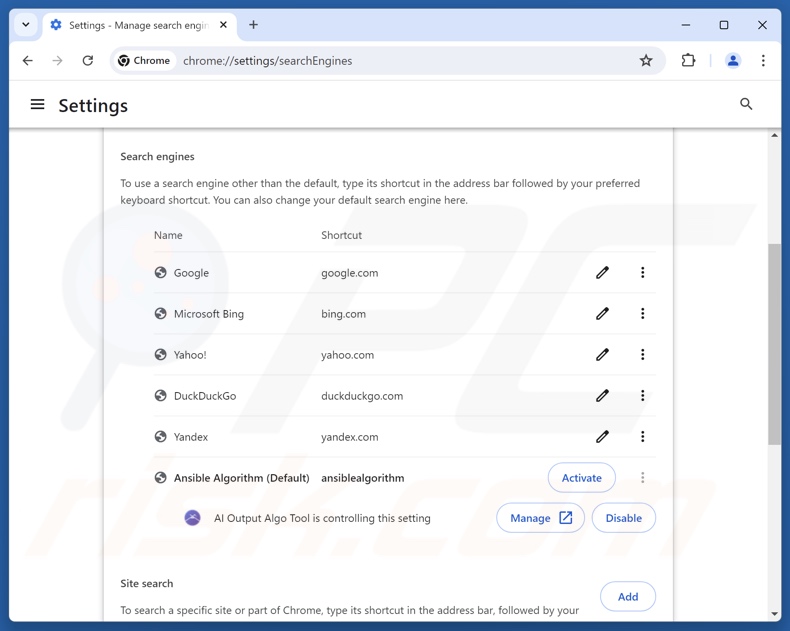 Removendo search.ansiblealgorithm.com do motor de pesquisa padrão do Google Chrome