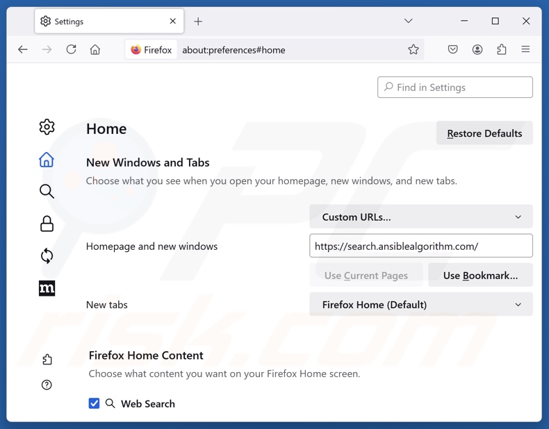 Removendo search.ansiblealgorithm.com da página inicial do Mozilla Firefox