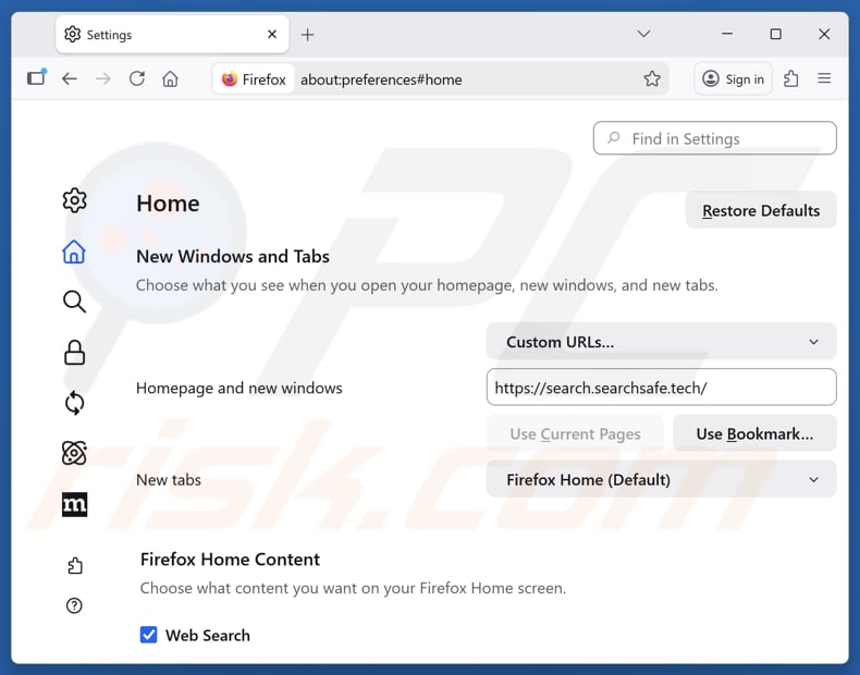 Remover search.searchsafe.tech da página inicial do Mozilla Firefox