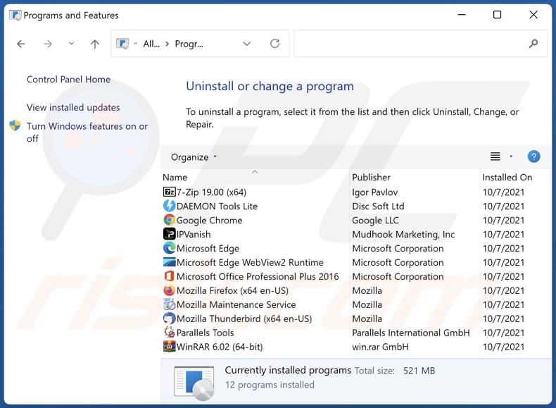 desinstalar o sequestrador de navegador search.searchsafe.tech via Painel de Controlo