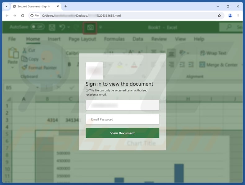 Secure Document Shared Página de phishing de e-mail fraudulento