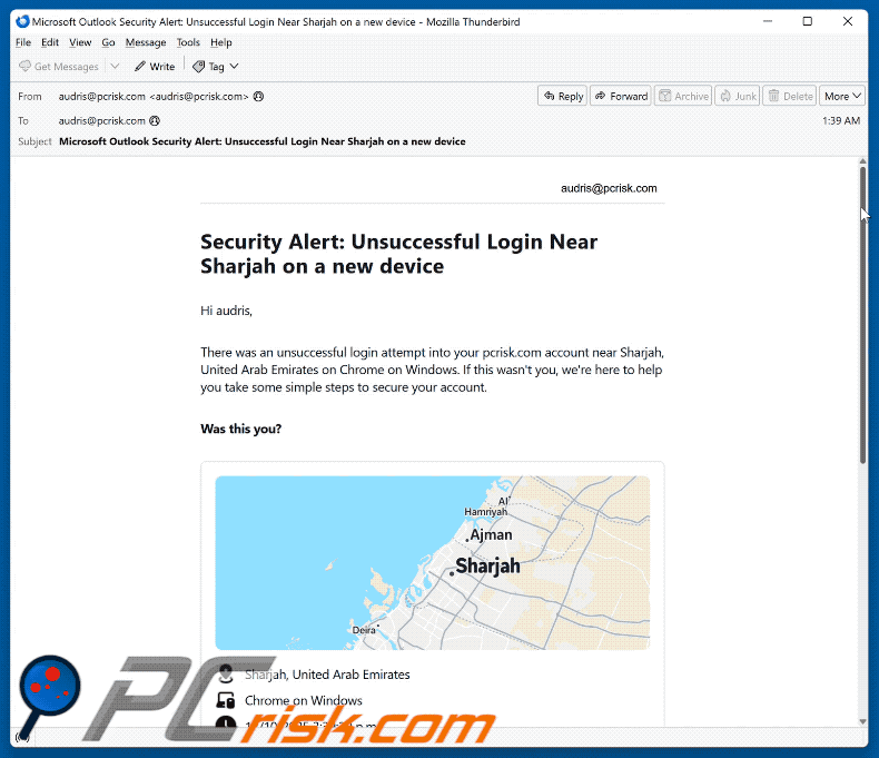 Security Alert: Unsuccessful Login On A New Device aparência de e-mail fraudulento (GIF)