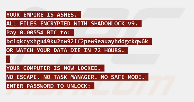 ShadowLock ransomware nota de resgate em ecrã inteiro