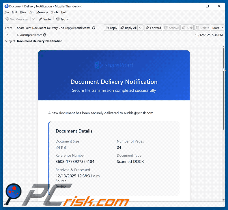 SharePoint Document Delivery Notification aparência de e-mail fraudulento (GIF)