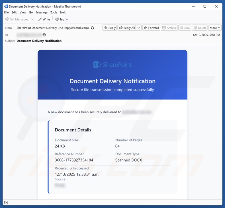 SharePoint Document Delivery Notification campanha de spam por e-mail