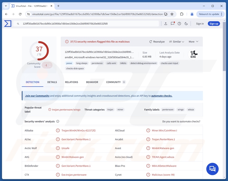 Detecções do malware SpecRAT no VirusTotal