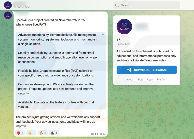 Canal do Telegram a promover o malware SpecRAT